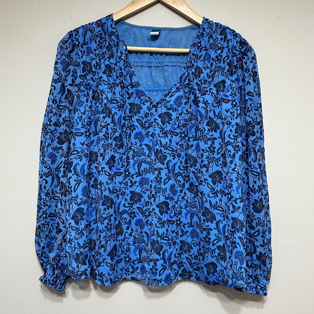 Old Navy Womens Floral Cottage Blouse Size S Blue Chiffon Flowy Peasant Feminine
